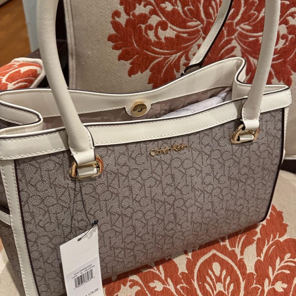 Calvin Klein Gray and White Shoulder Bag with Monogram Design